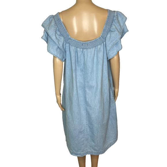 Women's XL Lane Bryant Blue Denim Ruffle Chambray Sleeveless Summer Shift Dress - Picture 3 of 5